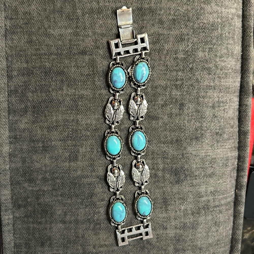 Lucite Faux Turquoise Double Strand Bracelet, Silver Leaves, 1950s